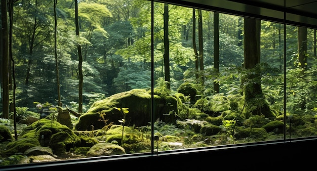 Une vue sur la forêt à travers une fenêtre ai