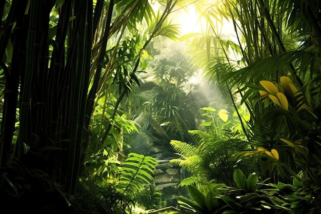 Vue sur la forêt tropicale de bambou vert botanique à la lumière du jour Forêt de bambous orientale en Chine japonaise