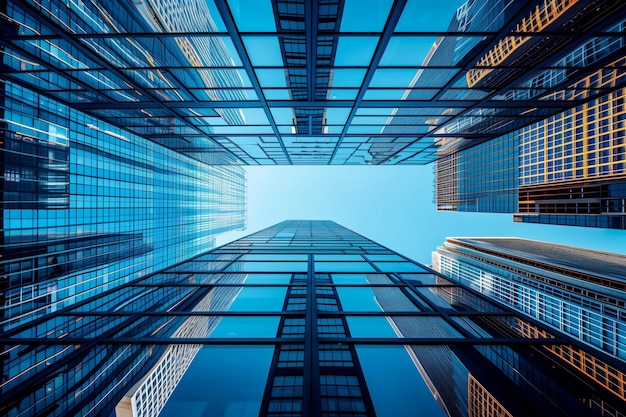 Une vue frappante vers le haut à travers un couloir de gratte-ciel imposants dans le ciel bleu clair AI Generat