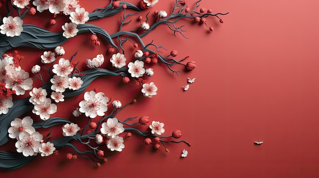 vue frontale de la bannière du Nouvel An chinois avec des fleurs, des ornements et un fond rouge