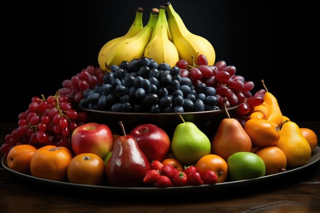 Photo une vue frontale différents fruits fraîches pommes oranges poires dans le fond sombre comp générative ia