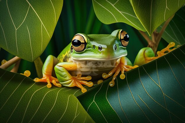 Vue frontale d'une grenouille d'arbre javanaise perchée sur un lit de feuillage vert Grenouille volante