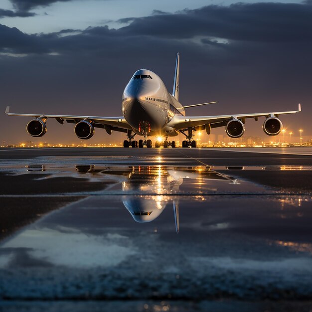 Vue frontale d'une image 3D d'un avion sur la piste en décollage