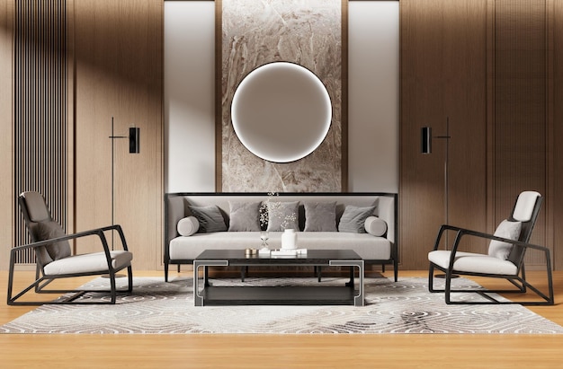 Vue frontale d'un intérieur design avec un canapé gris et deux fauteuils avec un mur en bois et un cercle stylisé à l'arrière rendu 3d