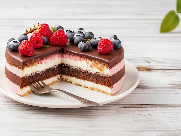 Vue frontale libre d'un délicieux gâteau avec espace de copie Un morceau de gâteau au chocolat décoré de fraises
