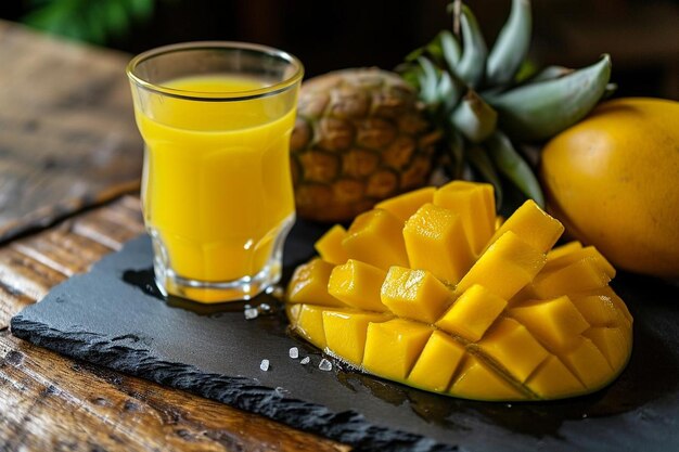 Vue frontale de mangue tranchée sur un tableau noir avec un verre de jus d'orange et de feuilles de menthe