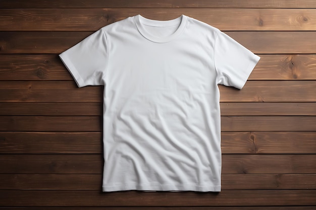 Vue frontale d'une maquette de t-shirt blanc sur fond en bois