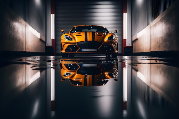 Photo vue frontale de la voiture de sport de couleur jaune réfléchie sur l'eau dans le garage ai génératif