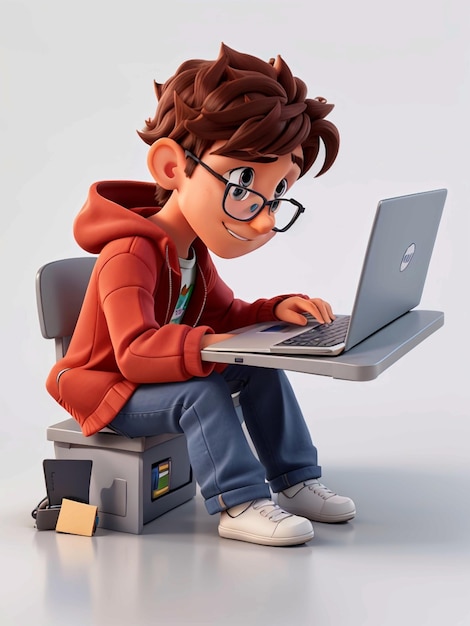 Vue d'un garçon en 3D utilisant un ordinateur portable