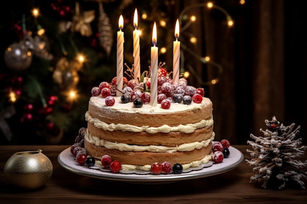 Vue d'un gâteau délicieux avec des bougies et des fleurs