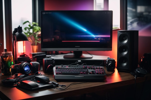 Vue générale du lieu de travail à domicile d'un joueur professionnel avec une configuration de jeu professionnelle sur un ordinateur de bureau.