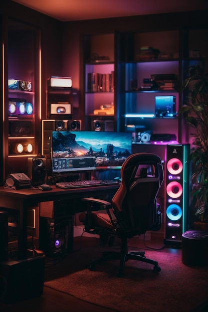 Vue générale du lieu de travail à domicile d'un joueur professionnel avec une configuration de jeu professionnelle sur ordinateur de bureau