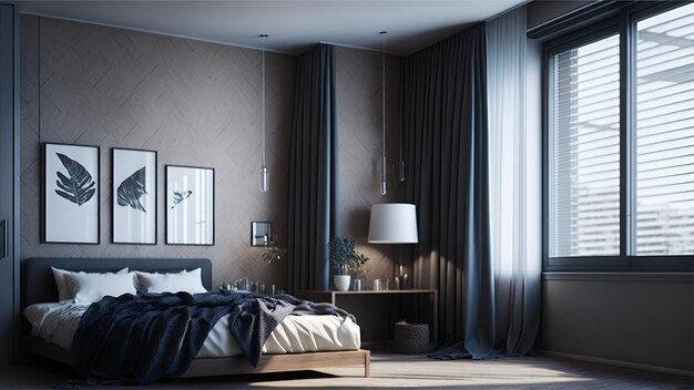 Vue générale de l'intérieur d'une chambre de luxe avec lit et fenêtre Ai Generated