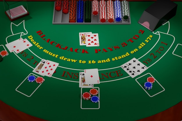 Vue générale d'une table de blackjack avec cartes et jetons. Illustration 3D.