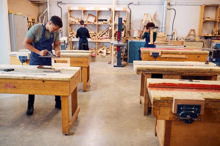 Photo vue grand angle de l'atelier de menuiserie avec les étudiants qui étudient pour l'apprentissage au collège