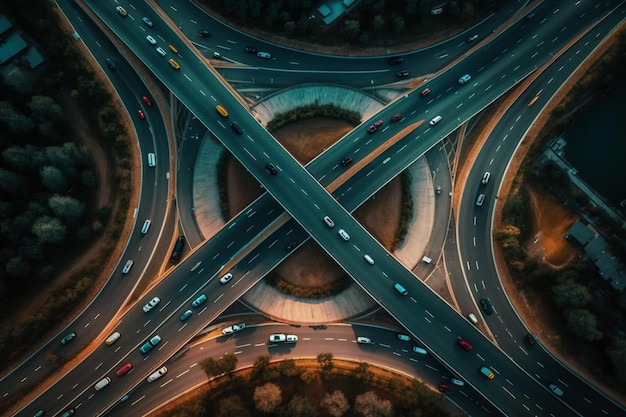 Une vue en grand angle d'une autoroute avec des voitures qui y circulent.