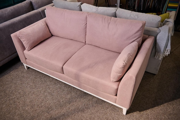Vue grand angle d'un canapé rose élégant avec des coussins dans la salle d'exposition de meubles rembourrés Magasin de meubles