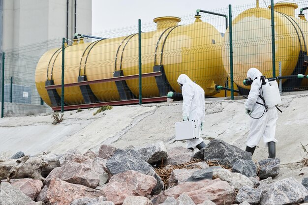 Photo vue grand angle sur deux scientifiques portant des combinaisons de protection contre les matières dangereuses prélevant des échantillons à l'extérieur des déchets toxiques et p...