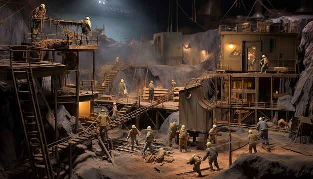 Vue grand angle à l'échelle du diorama d'un groupe de mineurs travaillant dans une mine d'or