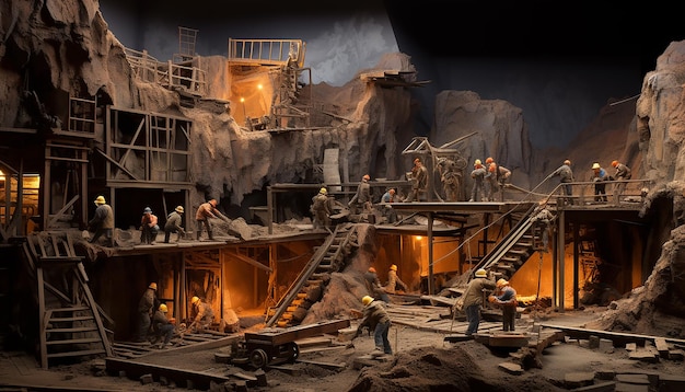Vue grand angle à l'échelle du diorama d'un groupe de mineurs travaillant dans une mine d'or