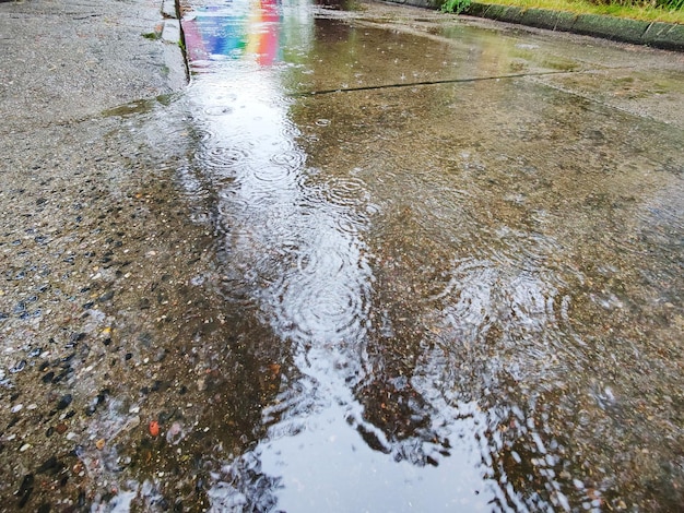 Vue grand angle des gouttes de pluie sur la flaque d'eau