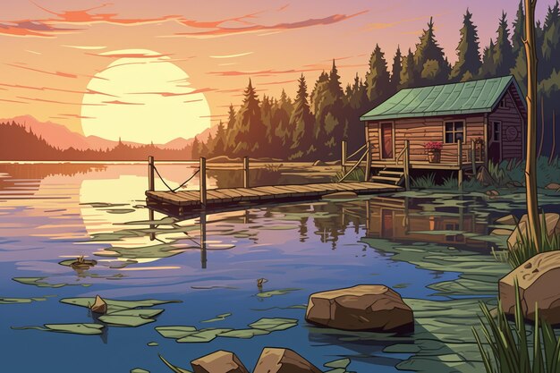 Vue grand angle d'un quai et d'une cabane en bois sur une illustration de style magazine au bord d'un lac tranquille