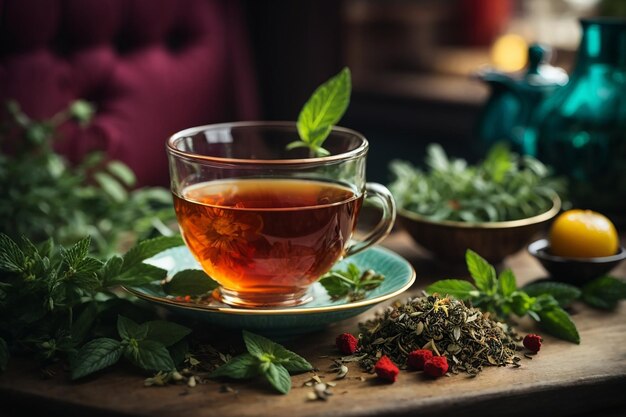 Vue grand angle d'une tasse de thé sur fond d'herbes de thé horizontal