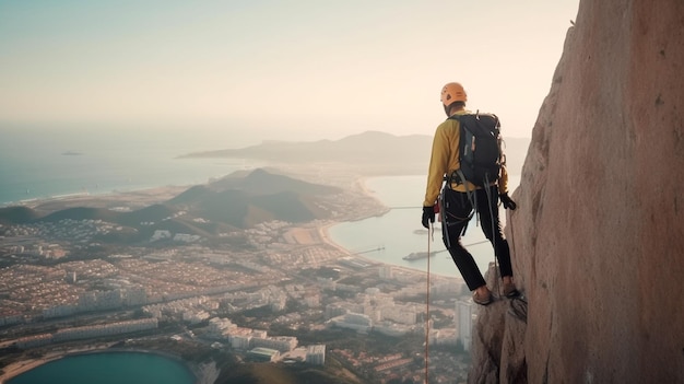 Vue d'un grimpeur escaladant une immense montagne avec la ville et la mer en arrière-plan Sports extrêmes de risque et d'aventure AI générative