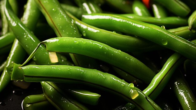 Vue en gros plan 34 des haricots verts épicés de szechuan sur une plaque blanche et une surface en bois IA générative