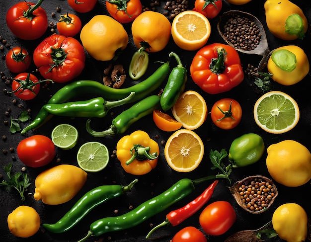 Vue en gros plan des épices les lentilles les épices les poivrons verts les herbes les tomates les agrumes