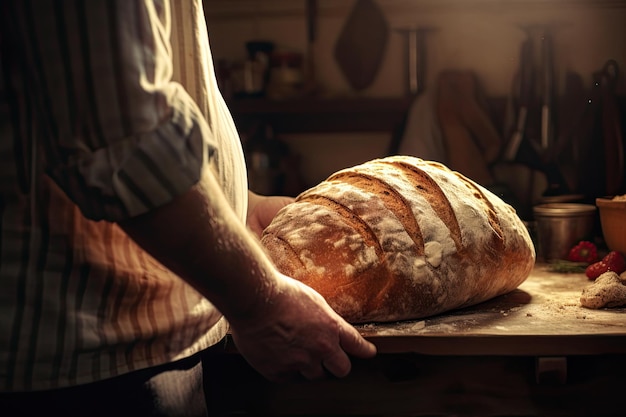 Vue en gros plan d'une main d'un boulanger méconnaissable dans un tablier tenant du pain rond sur le fond d'une boulangerie à domicile