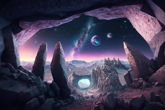 Vue de la grotte au ciel étoiléBelle illustration fantastique magique Mystérieuse magie AI