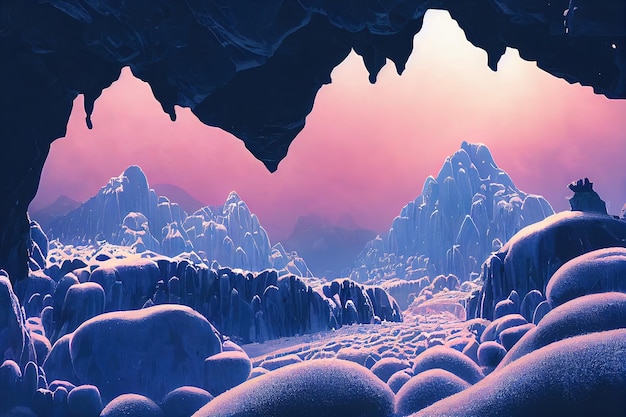 Vue de la grotte au paysage d'hiver avec des rochers un rebord avec de la neige illustration 3d