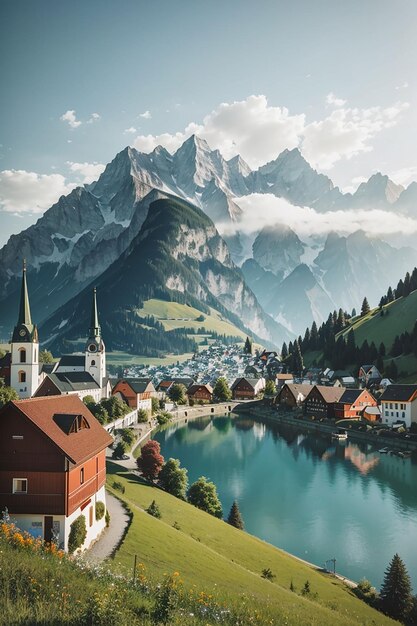 Vue de Hallstatt dans une journée brumeuse et des nuages entre les montagnes