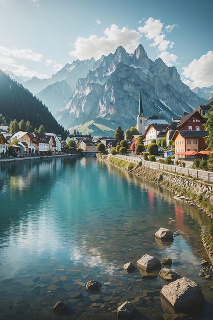 Vue de Hallstatt dans une journée brumeuse et des nuages entre les montagnes