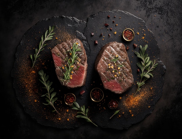 Vue d'en haut de 2 steaks de bœuf avec des épices créés avec la technologie d'IA générative