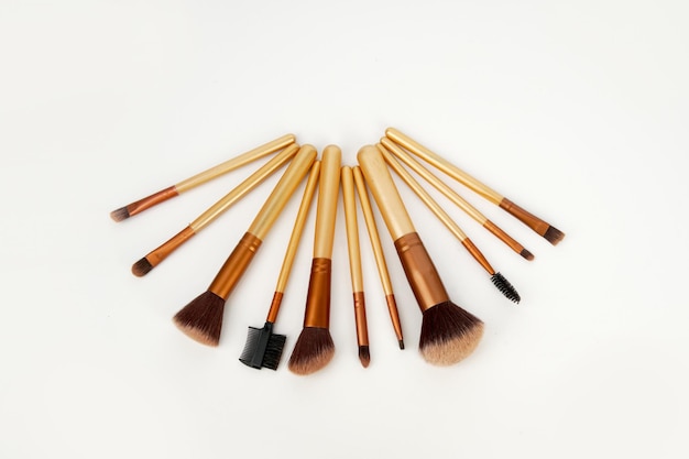 Vue à haut angle de divers pinceaux de maquillage sur fond blanc