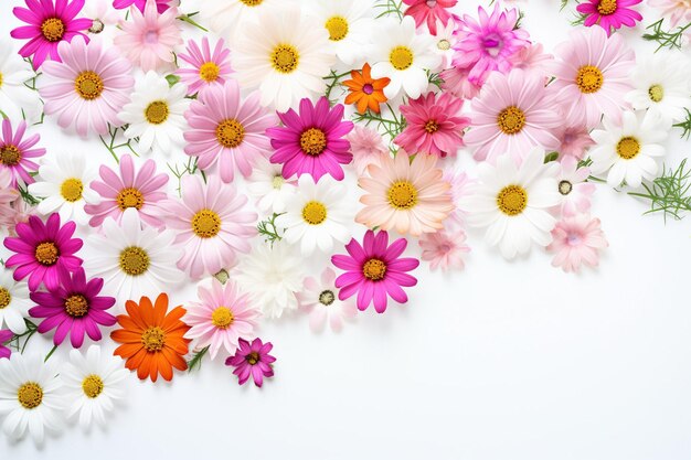 Vue à haut angle des fleurs et pétales de marguerites blanches décorées sur un fond bleu