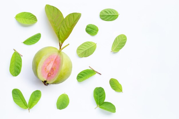 Vue à haut angle des fruits et des feuilles sur un fond blanc