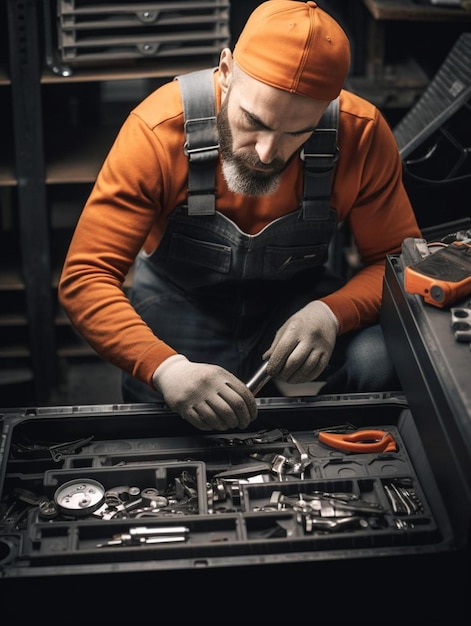 vue à haut angle d'un mécanicien sélectionnant un outil dans une boîte à outils dans un atelier automobile