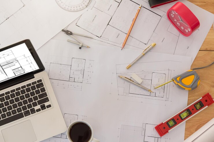 Photo vue à haut angle de l'ordinateur portable et de l'équipement d'architecte sur la table