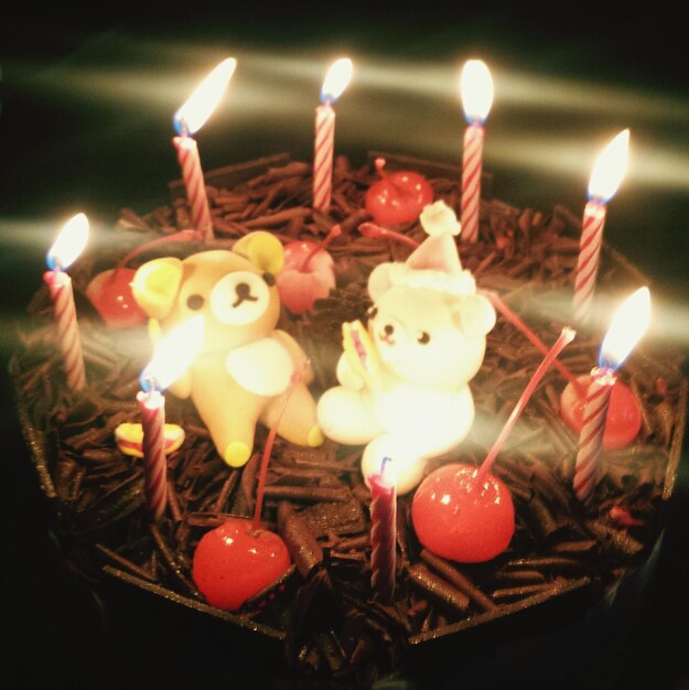 Photo vue à haut angle des ours en peluche sur un gâteau au chocolat avec des bougies