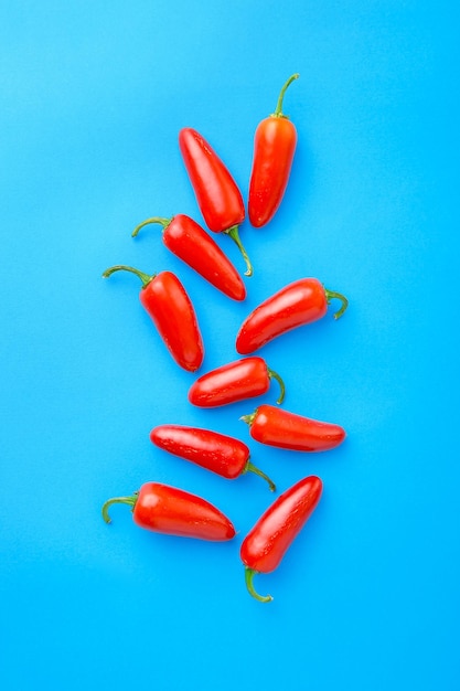 Vue à haut angle des piments rouges sur un fond bleu