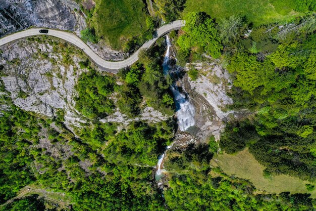 Vue à haut angle de la route au milieu des arbres dans la forêt