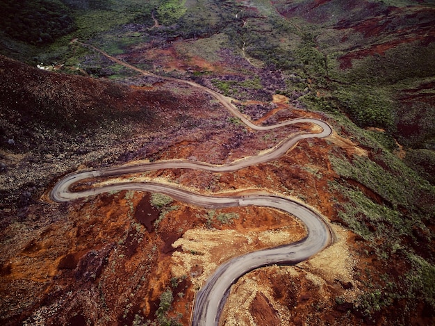 Photo vue à haut angle de la route sinueuse sur terre