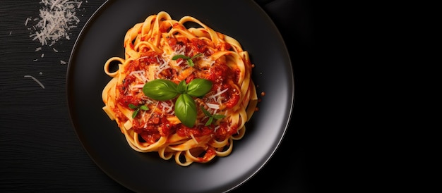 Vue d'en haut d'une assiette contenant un plat italien délicieux et savoureux pâtes tagliatelles