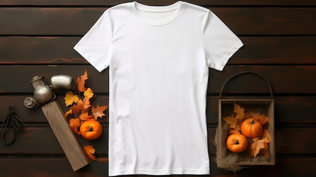 une vue de haut en bas d'une Bella Canvas blanche Halloween T-shirt de couleur blanche mock-up généré par AI