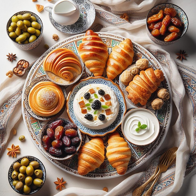 Vue de haut en bas de l'iftar traditionnel distribué avec des pâtisseries, des dattes, des olives et du labné sur une assiette décorative