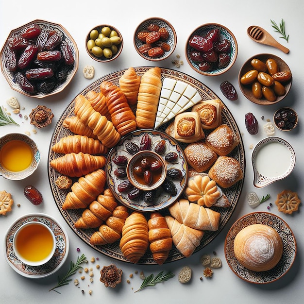 Vue de haut en bas de l'iftar traditionnel distribué avec des pâtisseries, des dattes, des olives et du labné sur une assiette décorative