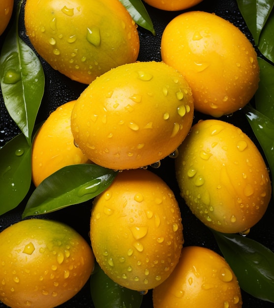 Vue de haut en bas d'une mangue fraîche avec des gouttes d'eau